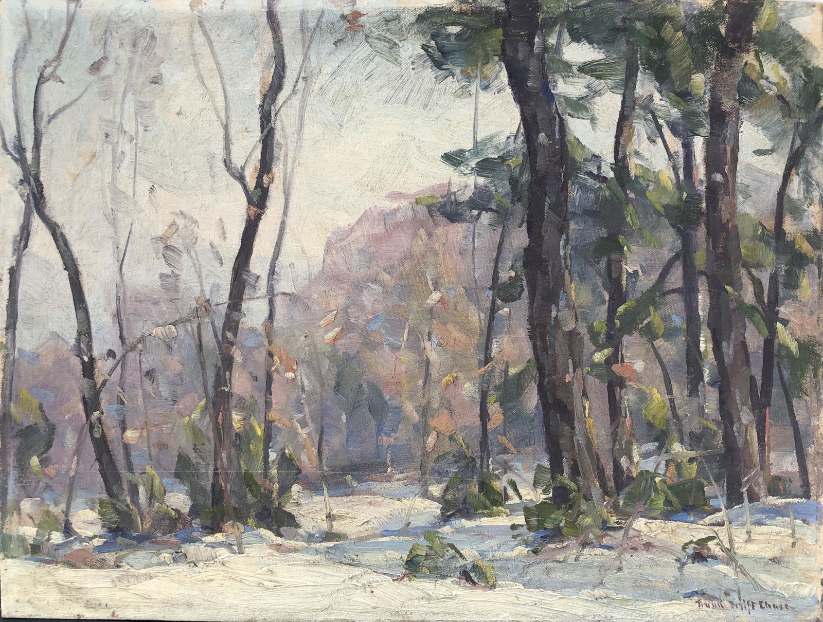 Frank Swift Chase - "Wooded New England Landscape": Frank Swift Chase (American 1886-1958) Oil on Canvas Board "Wooded New England Landscape", signed lower right Frank Swift Chase, unframed. 12 in. x 16 in.