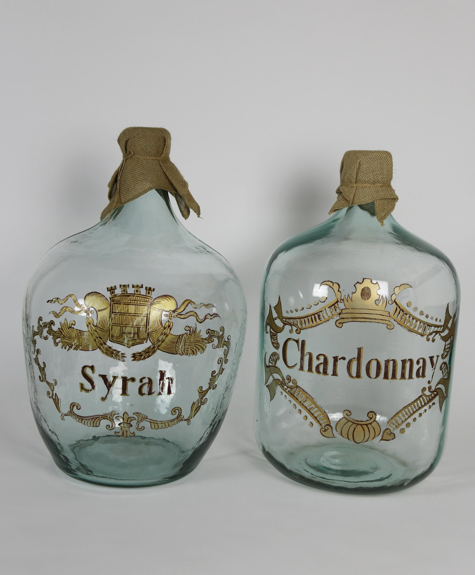 Pair of French Style Syrah and Chardonnay Wine Jugs: Pair of French Style Syrah and Chardonnay Wine Jugs Height 21 in.