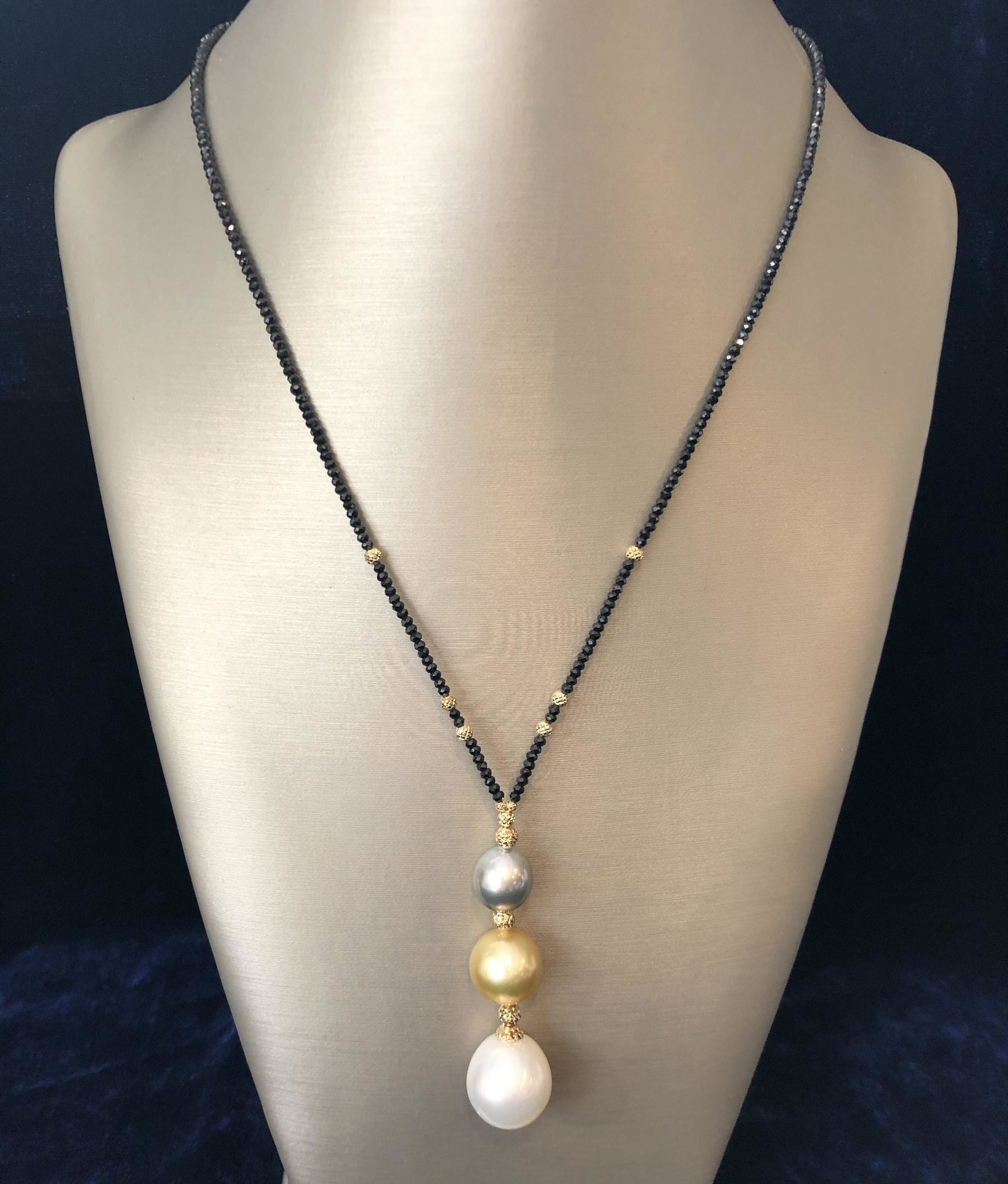 10.5mm - 15mm White and Gold Tahitian Pearl Necklace: 10.5mm - 15mm White and Gold South Sea and Grey Tahitian Pearl Lariat Necklace on Black Spinel Strand