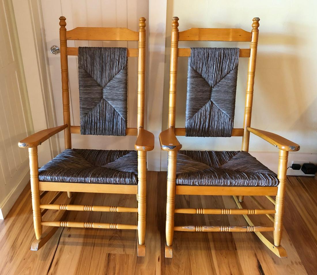 Pair of Rush Seat "Kennedy" Style Rocking Chairs: Pair of Rush Seat "Kennedy" Style Rocking Chairs Provenance: Estate of Jennie K. Scaife, Shawkemo Hills, Nantucket