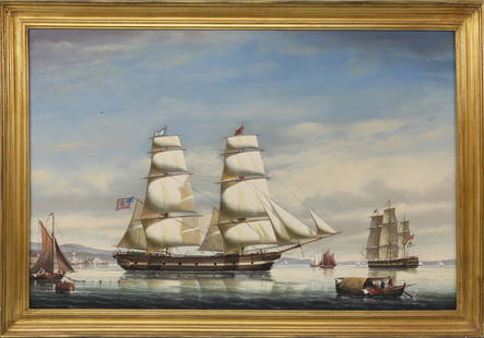 Salvatore Oil "Portrait of the American Ship Sooloo": Salvatore Colacicco (Italian b. 1935) Oil on Board "Portrait of the American Ship Sooloo", depicted exiting an active harbor, signed lower left Salvatore Colacicco, in molded gilt frame.23 ½ in. x 35