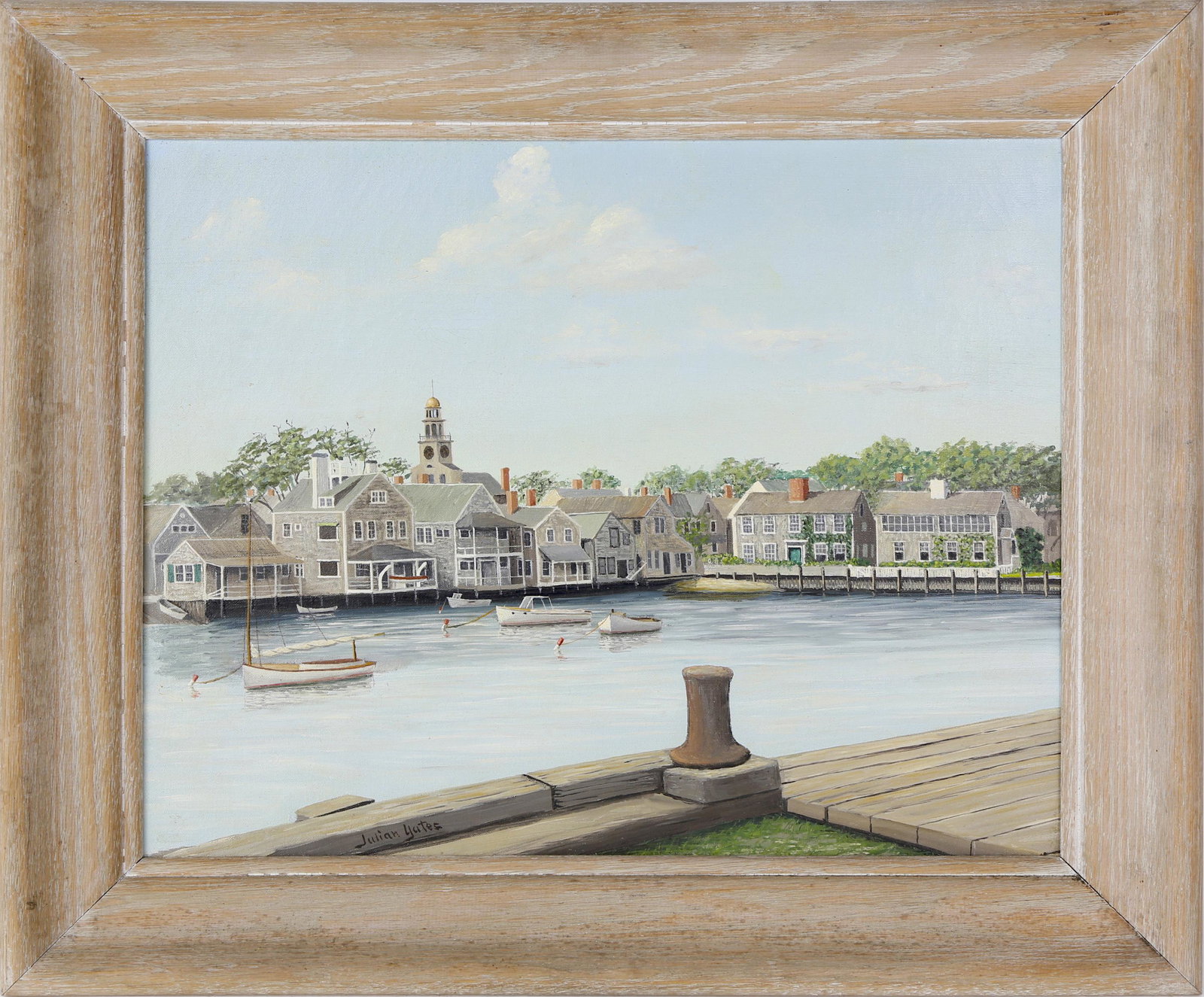Julian Yates Oil on Canvas "Easy Street Cove": Julian Yates (1871-1953) Oil on Canvas "Easy Street Cove", an historic view of Nantucket's Old North Wharf and Easy Street Basin with the Unitarian Universalist Church clock tower in the distance, in