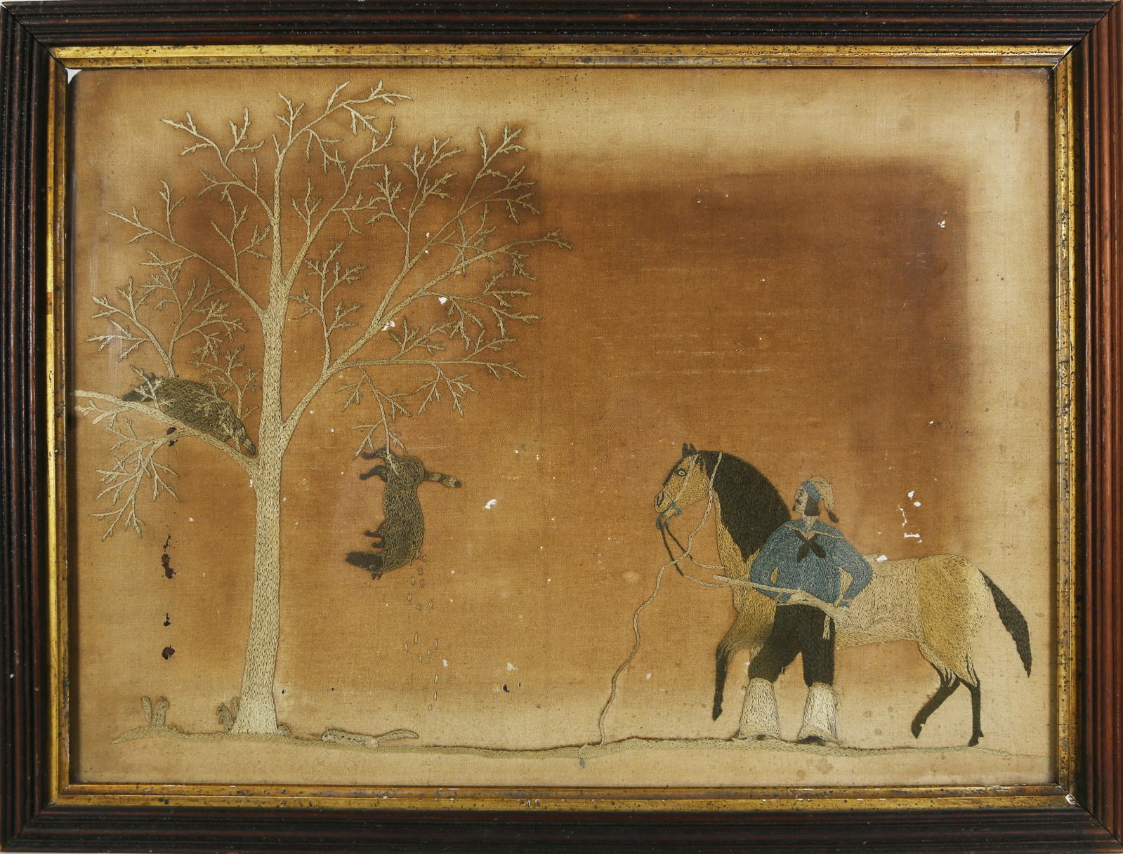French Canadian Needlepoint "Racoon Hunt": French Canadian Needlepoint on Linen “Racoon Hunt”, mid 18th Century, depicting a soldier, his horse and rifle in hand, having just shot a racoon from a tree. The soldier is wearing individualisti