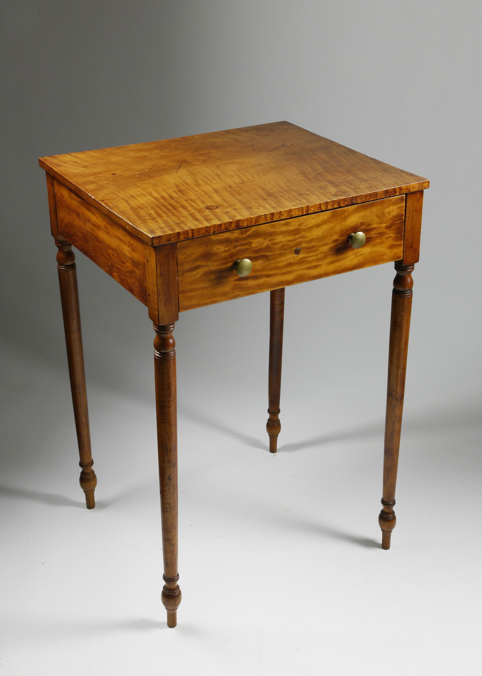 Tiger Maple, Birch One Drawer Worktable, circa 1825 (1 of 3)