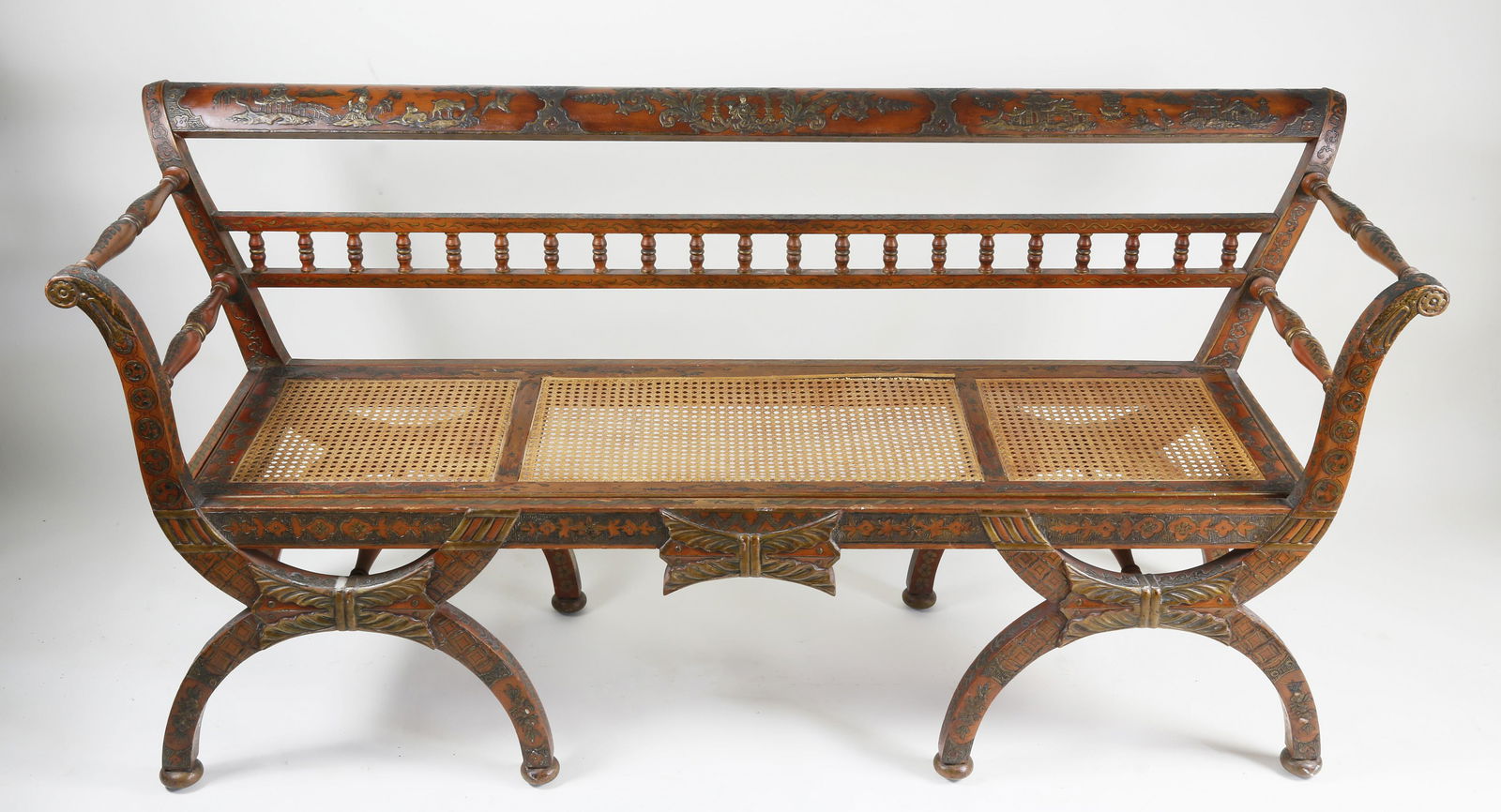 Decorated Caned Double Back Arm Bench, circa 1920 (1 of 7)
