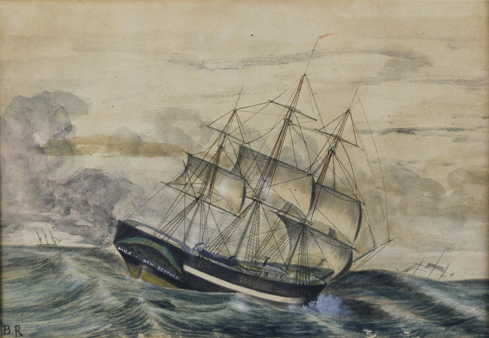 Benjamin Russell Watercolor View of the Vessel Milo: Benjamin Russell (American 1804-1885) Watercolor on Paper “Stern View of the Vessel Milo, a Whaler Out of New Bedford,” circa 1830, the Milo on the high seas with two vessels on the horizon and st