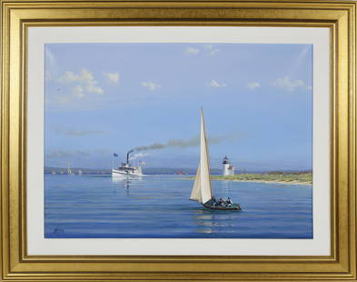 Tim Thompson Oil "Summer in the Sound": Tim Thompson (English b. 1951) Oil on Canvas "Summer in the Sound - The Steamer Nantucket Passing Brant Point Lighthouse", signed lower left T. Thompson, in molded gilt frame. 22 in. x 28 in. Overall