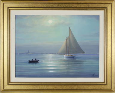 Tim Thompson Oil Light Airs Off Great Point: Tim Thompson (English b. 1951) Oil on Canvas "Light Airs Off Great Point Nantucket - A Schooner Ghosts Toward Nantucket Harbor", signed lower right T. Thompson, in molded gilt frame 18 in. x 24 in. Ov