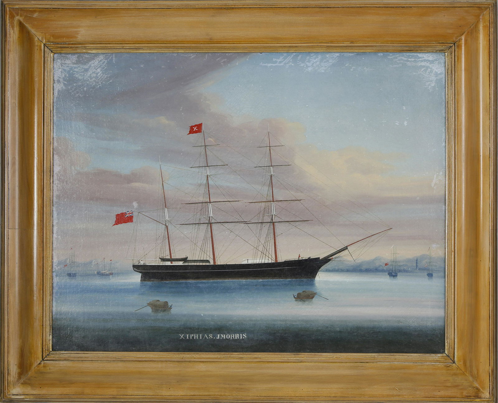 Chinese Oil Xiphias in Port, Master John Morris: Chinese Export Oil on Canvas "Portrait of the Xiphias Anchored in Port, Master John Morris" (1857-1862), mid 19th century, with legend lower mid-center Xiphias J. Morris, in molded lemon gilt frame 18