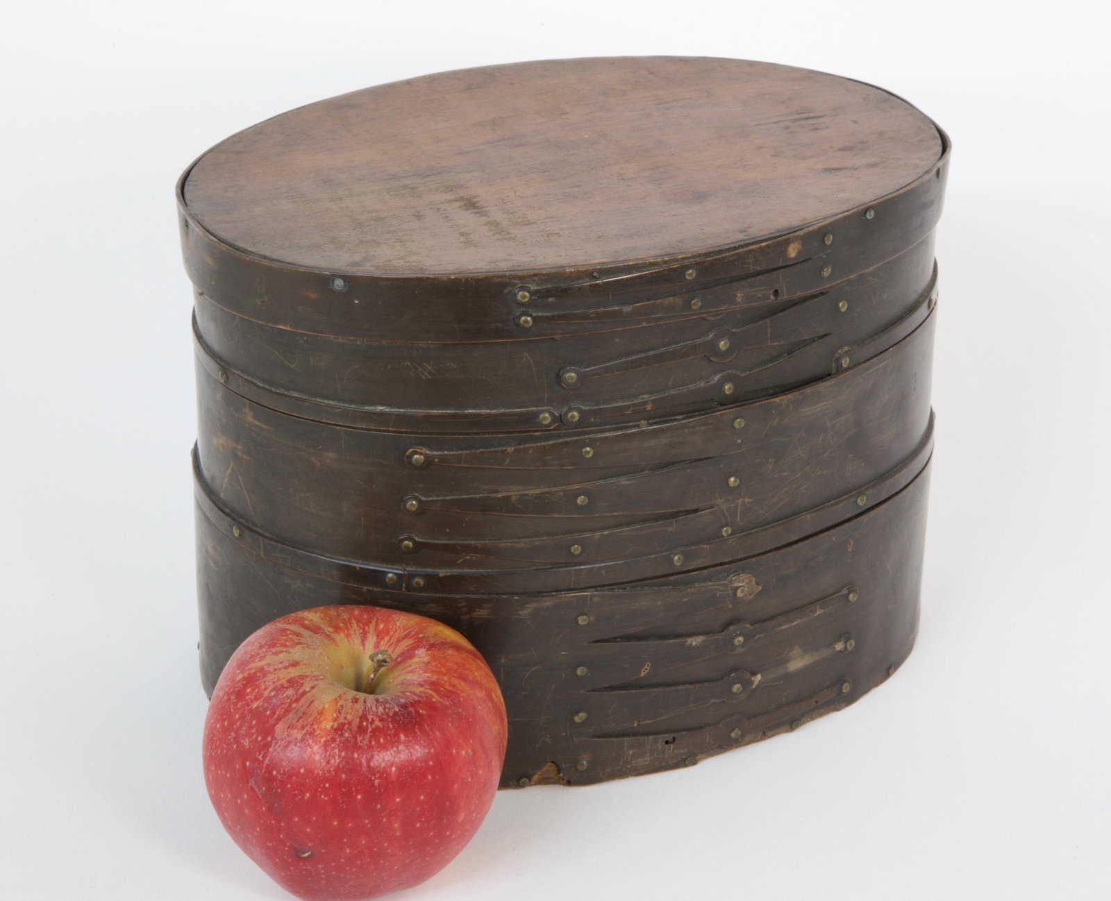 19th Century 3 Compartment Baleen, Pine Pantry Box: Rare 19th Century Whaler Made 3 Compartment Baleen and Pine Oval Pantry Box, circa 1850, 12 lollipops and fingers or laps and 2 bands Height 6 ¼ in. Width 9 in. Depth 6 ½ in.