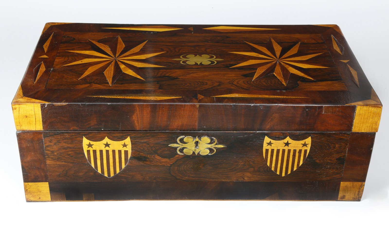 Federal Rosewood Inlaid Hinged Top Box, circa 1820: Federal Rosewood Inlaid Hinged Top Box, circa 1820, oak, cherry and satinwood inlays, the top with 10-point pinwheel star inlay, the front with Federal star and stripe federal inlay decoration. Height