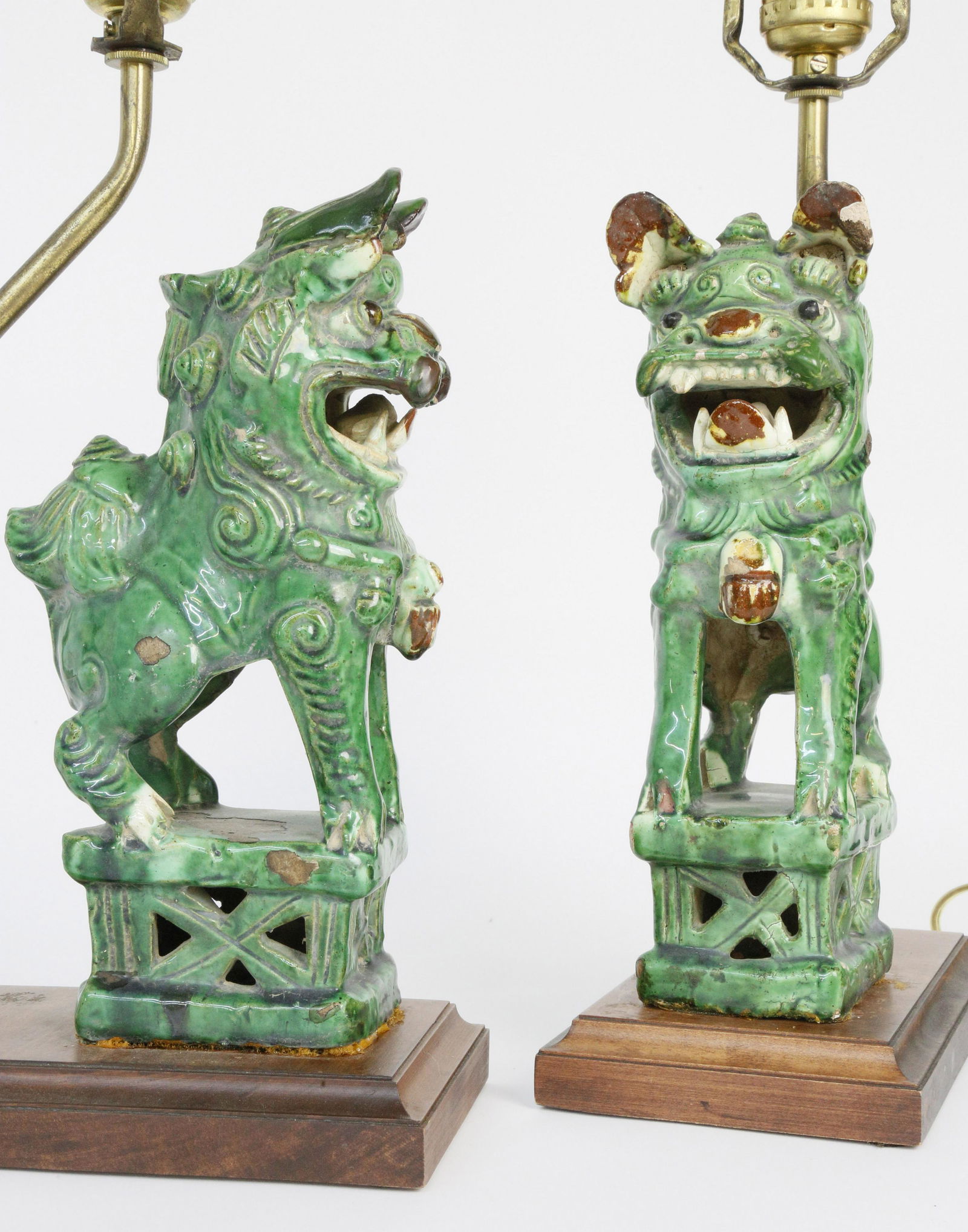 Pair of Green Glazed Ceramic Foo Lion Lamps (1 of 4)