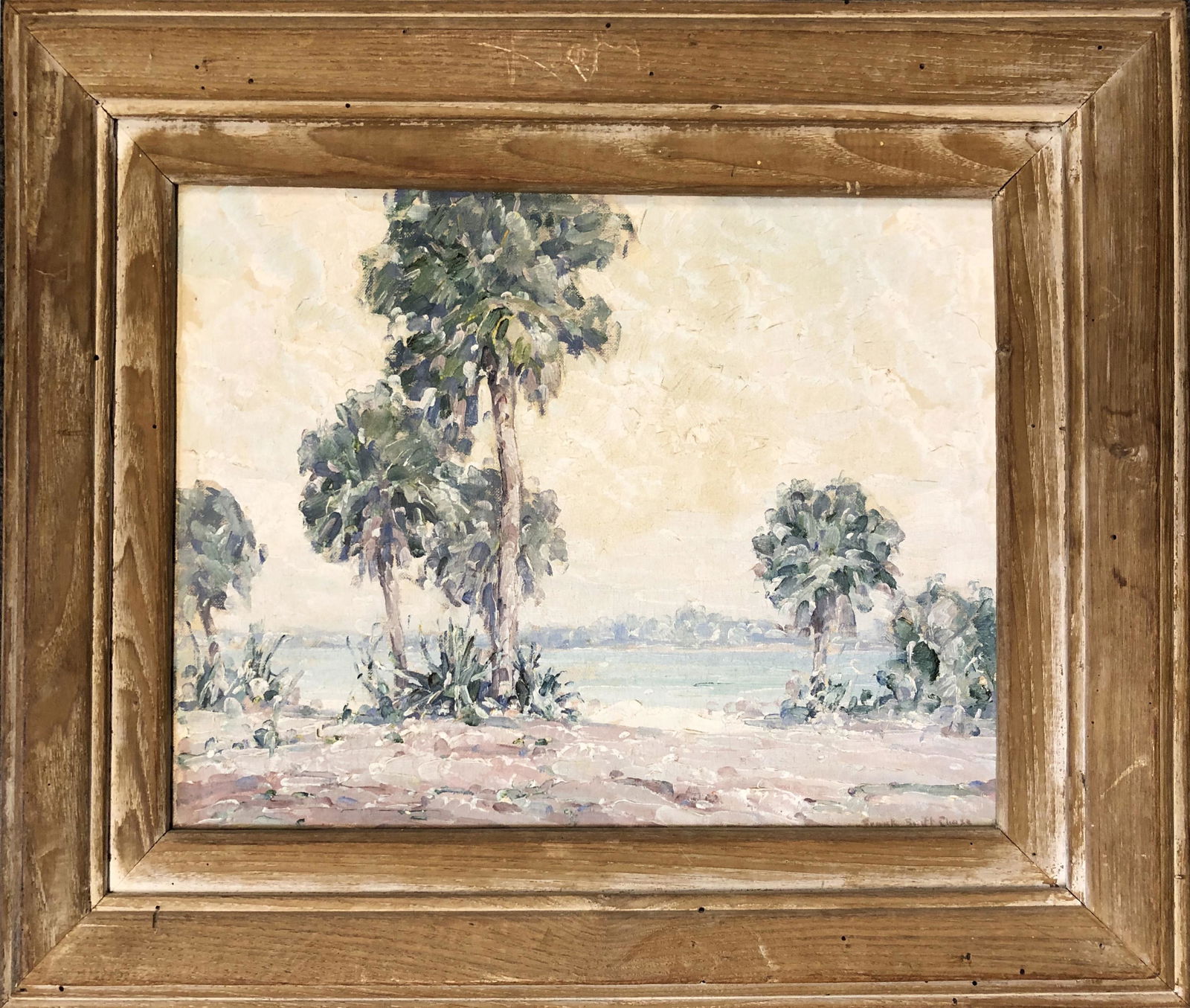 Frank Swift Chase Oil on Artist Board "Tropical: Frank Swift Chase (1886-1958) Oil on Newton Artist Board "Tropical Intercoastal Beach Scene", signed lower left Frank Swift Chase, with "Kenneth Taylor Galleries - Nantucket Island" label on reverse.