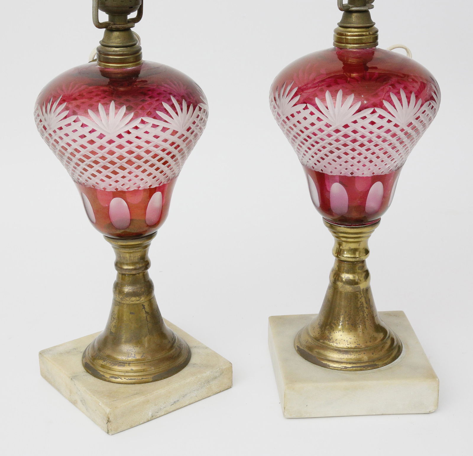 Pair of Ruby Cut to Clear Overlay Kerosene Lamps, circa (1 of 4)