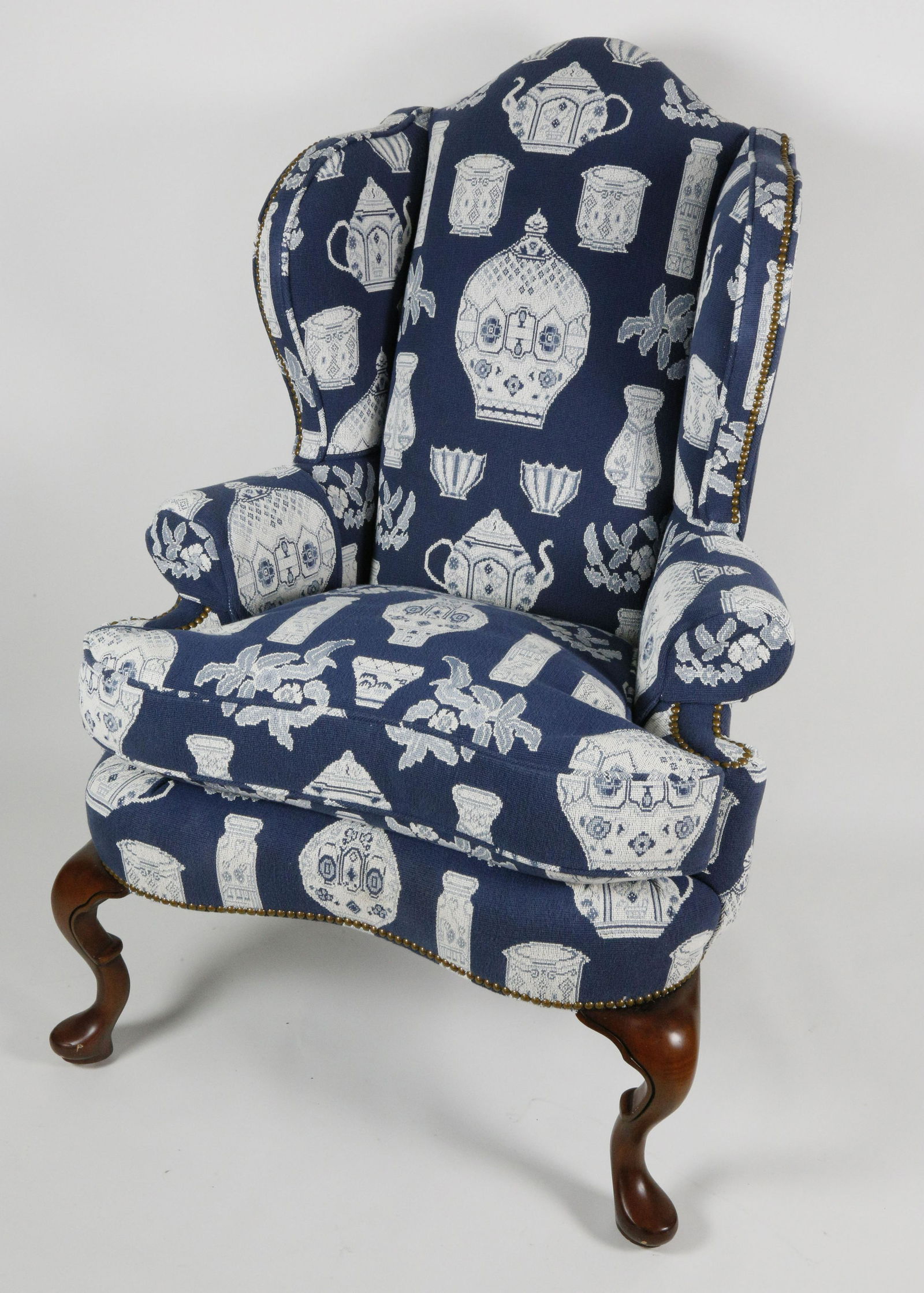 Blue and White Porcelain Pattern Upholstered Wing Chair (1 of 3)