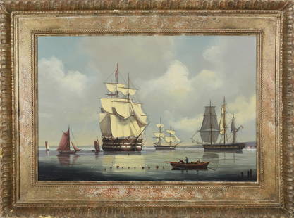 Salvatore Colacicco Oil "Man-o-War Anchored at: Salvatore Colacicco (Italian b. 1935) Oil on Wood Panel, "A Man of War Anchored at Porstmouth Harbor", signed lower left, "Salvatore Colacicco", in a custom carved and decorated frame. 16 in. x 24 in.