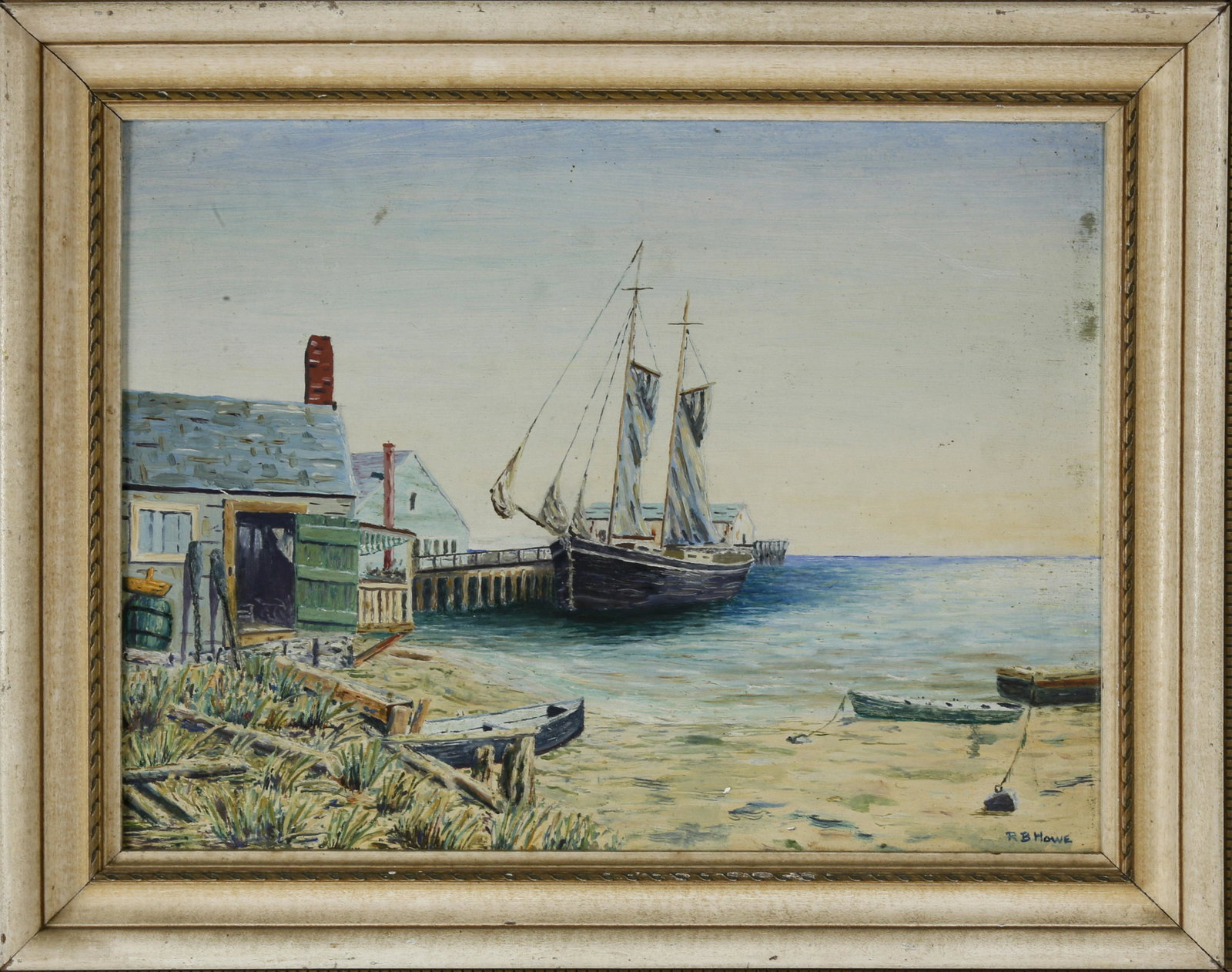 R.B. Howe Oil on Artist Board, "Low Tide Olde Nantucket: R.B. Howe Oil on Artist Board, "Low Tide Olde Nantucket Harbor", signed lower right, "R.B. Howe". Original Nantucket label on reverse. 12 ¼ in. x 16 in. Provenance: Estate of Linda Loring, 4