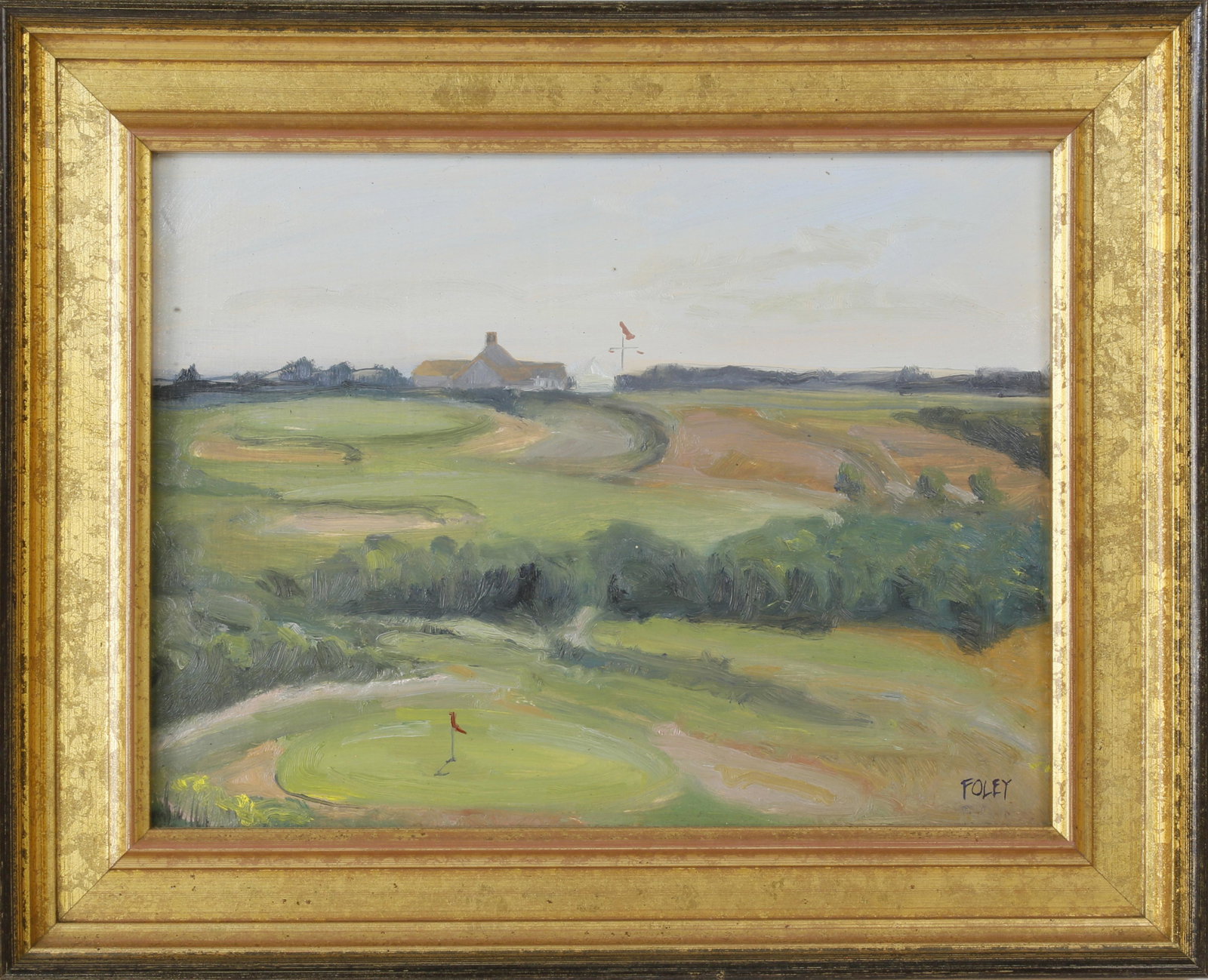 Ellen Foley Oil on Board, "Sconset Greens": Ellen Foley Oil on Board, "Sconset Greens", Nantucket signed lower right, "Foley". 7 in. x 9 in. Overall 9 ½ in. x 11 ½ in.