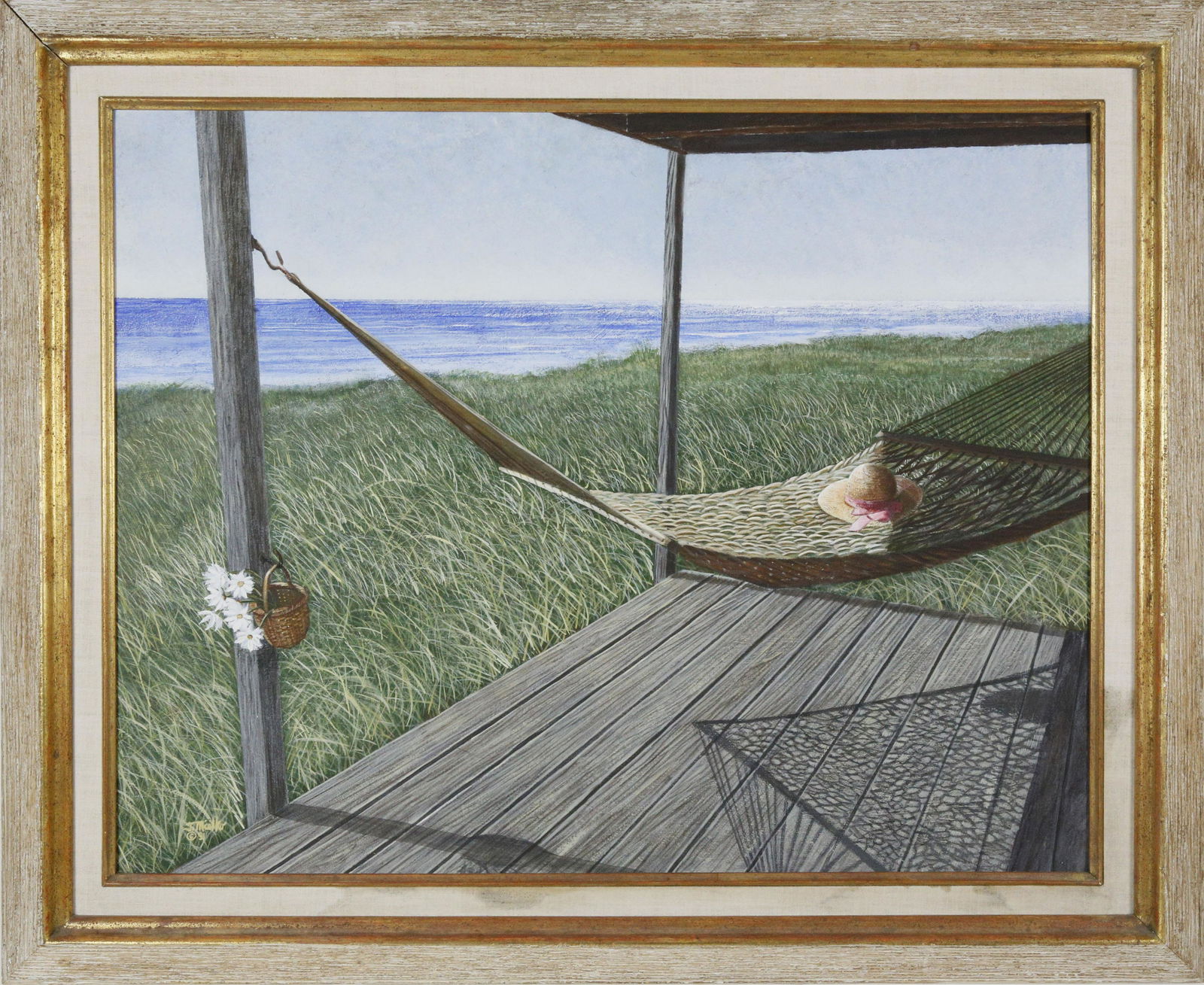 Tom Mielko Tempera on Masonite, "Hammock": Tom Mielko Tempera on Masonite, "Hammock", signed lower left T. Mielko 91. 24 in. x 30 in. Overall 30.5 in. x 36.5 in. Provenance: Estate of Nan Lampe, Nantucket Island