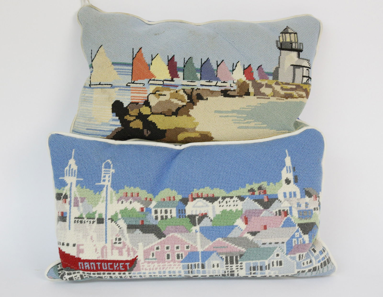 Two Needlepoint Pillows, "Rainbow Fleet, and "Town of (1 of 2)