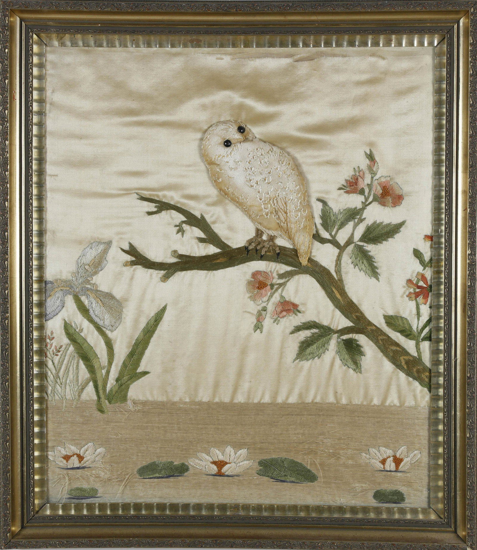 Trapunto Silk Embroidery of a Snowy Owl on Flowering: Trapunto Silk Embroidery of a Snowy Owl on Flowering Tree Branch, 19th Century, in gilt frame. 21 in. x 17 in. Overall 25 ¼ in. x 21 ¼ in. Provenance: Estate of Linda Loring, 4 Rays Court, Nantucket