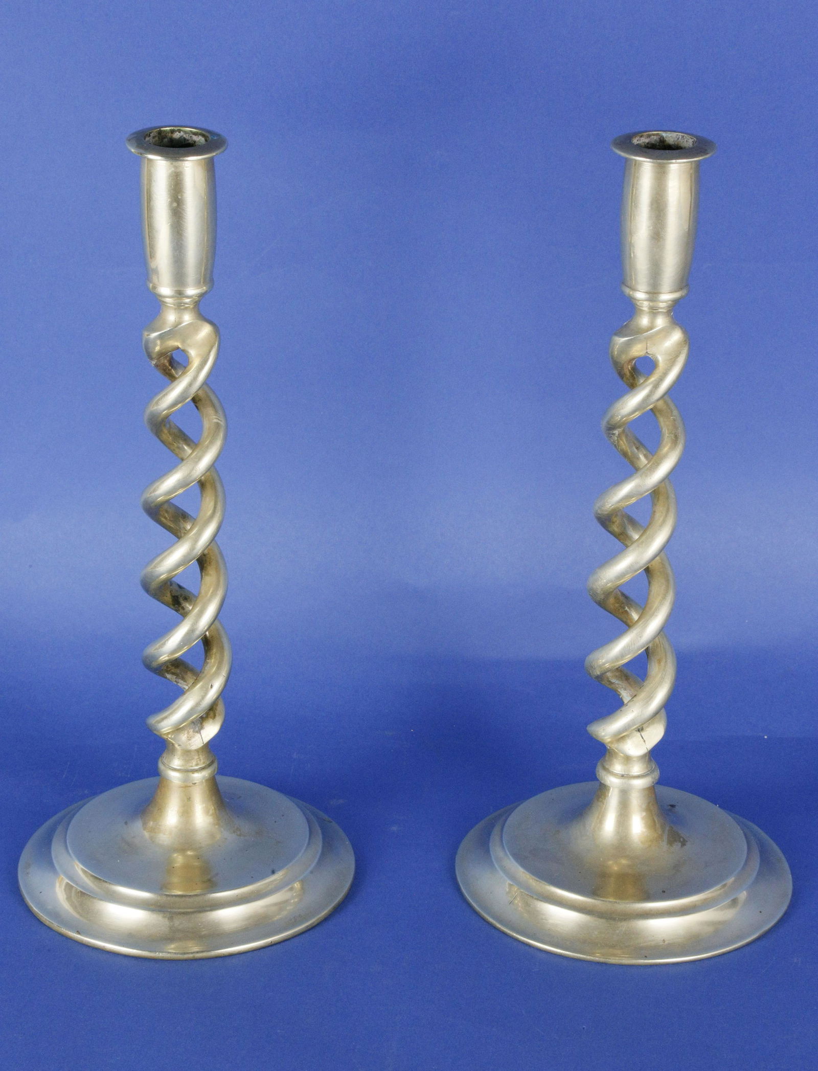 Pair of Brass Barley Twist Column Candlesticks, 19th (1 of 3)