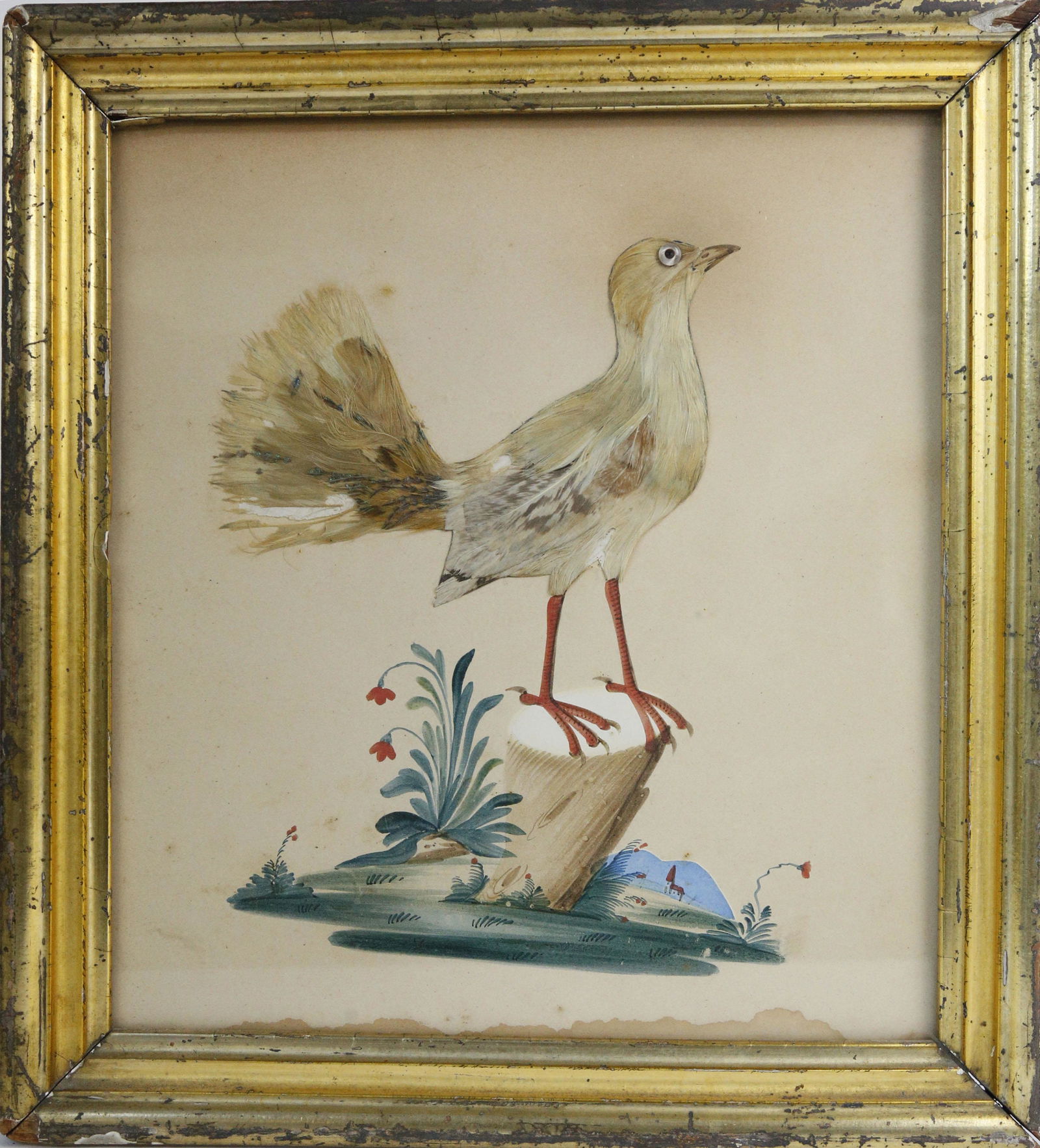 Watercolor and Feather Portrait of  a Bird on a Tree (1 of 2)