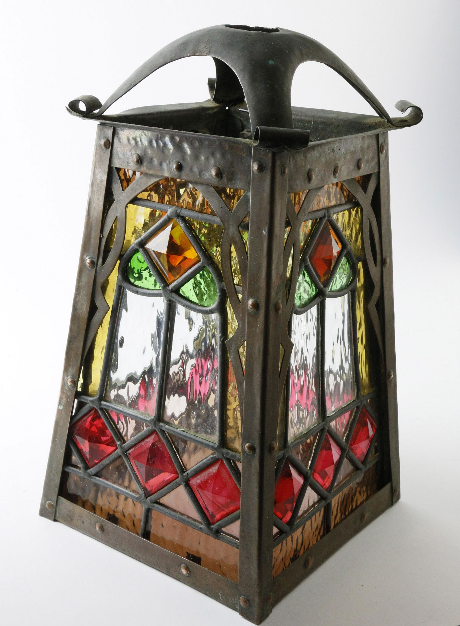Arts and Crafts Copper and Leaded Glass Hanging Lantern (1 of 6)