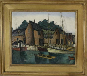 Glenn O. Coleman Oil on Canvas, "Rockport Harbor": Glenn O. Coleman (New York/Ohio 1887-1932) Oil on Canvas, "Rockport Harbor", signed lower left, Coleman, in molded gold leaf frame. Spanierman Gallery, 45 E. 58th Street, New York, New York, label on