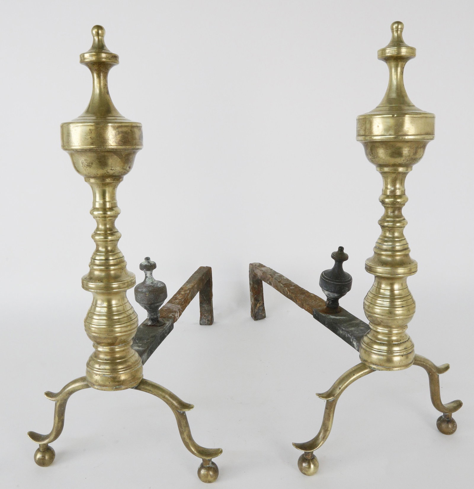 19th Century Brass Multi Turned Finial Top Andirons (1 of 5)