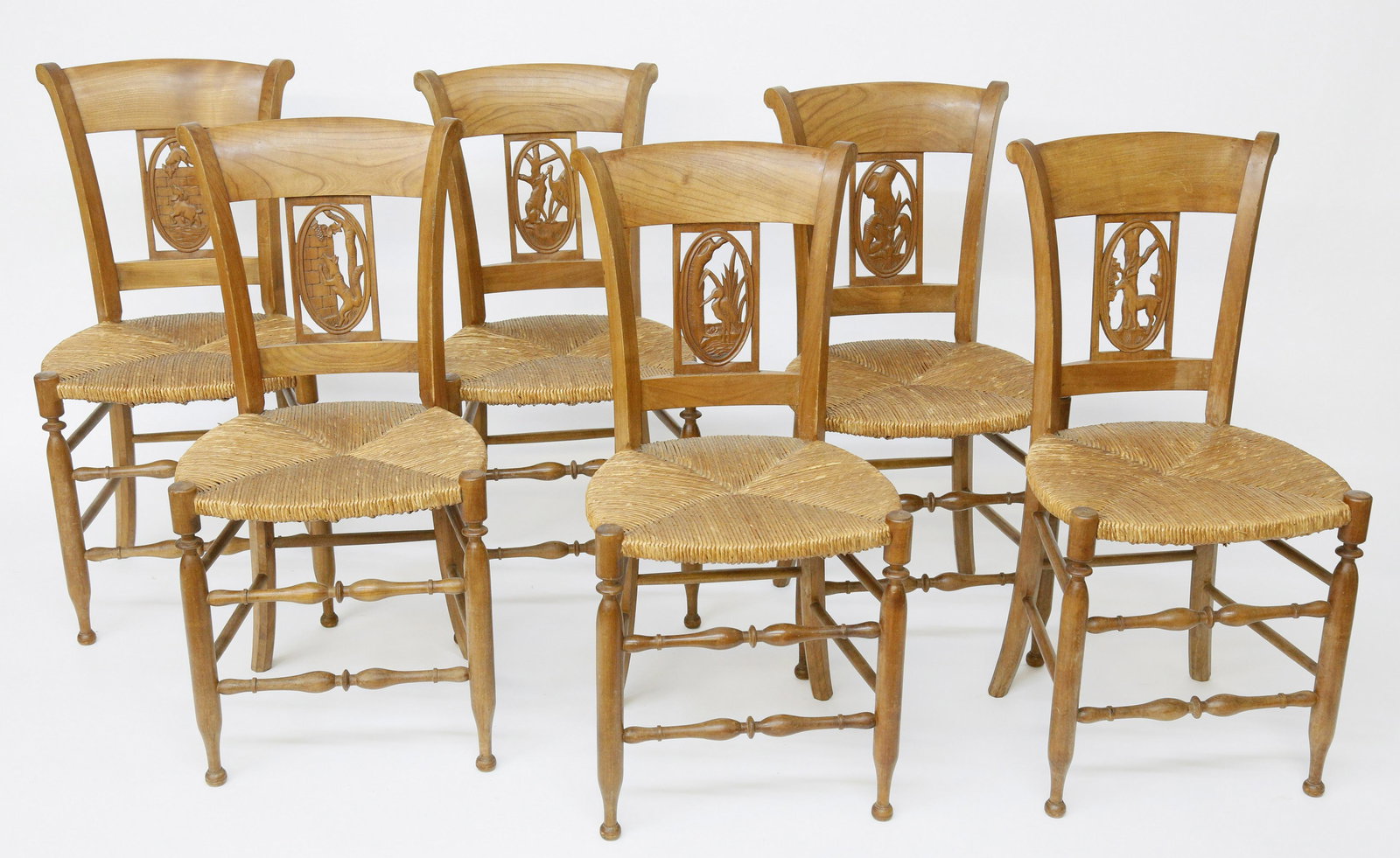 Set of Six Fruitwood Carved Rush Seat Dining Chairs (1 of 9)