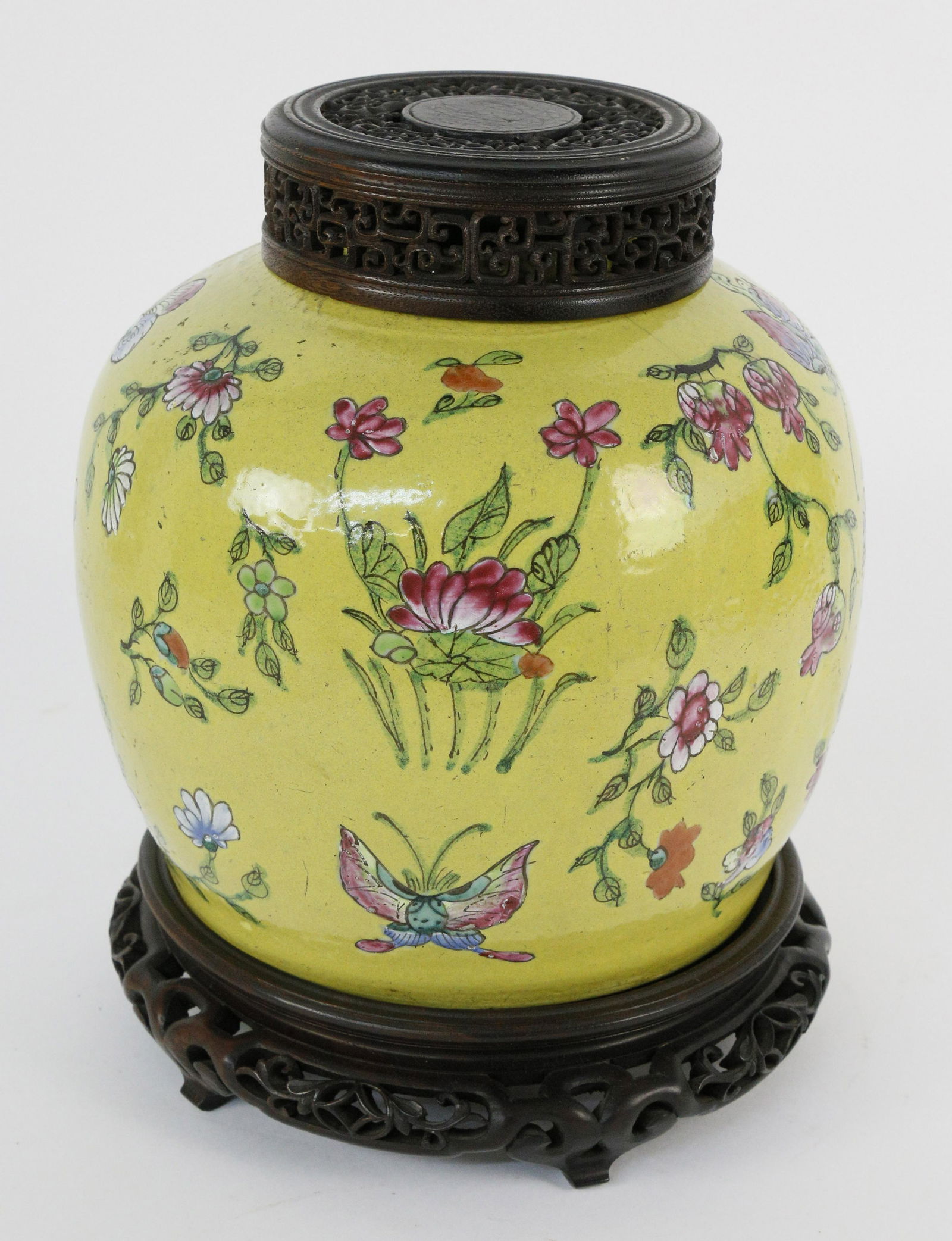 Chinese Yellow Glazed Ginger Jar with Carved Teakwood (1 of 5)