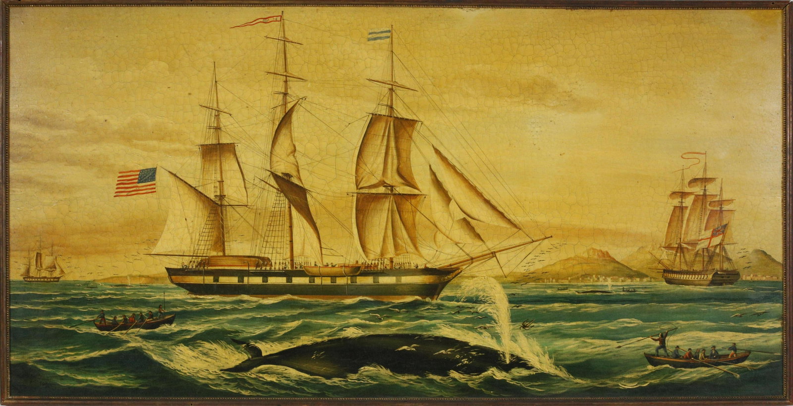 Vintage Oil on Panel Whaling Scene with Whale Ship and: Vintage Oil on Panel Whaling Scene with Whale Ship and Whale in Foreground, headlands in distance, indistinctly signed lower left.Overall 50 in. x 25 in.