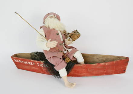 Vintage Bethany Lowe Nantucket Handmade Santa Claus: Vintage Bethany Lowe Nantucket Handmade Santa Claus Christmas Figure, Santa Claus wearing Nantucket red fishing gear in red dory Height 17 in. Length 30 in. Dimensions Height 17 in. Length 30 in.<