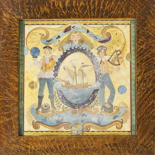 Judith Brinck Folk Art Watercolor, "Voyage of: Judith Brinck Folk Art Watercolor, "Voyage of Discovery", signed lower right, "Judith Brinck", in figured oak frame  11.5 in. x 11.5 in. Overall 15.5 in. x 15.5 in. Dimensions 11.5 in. x 1