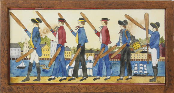 Judith Brinck Folk Art Watercolor, "Paddle Parade": Judith Brinck Folk Art Watercolor, "Paddle Parade", signed lower right, "Judith Brinck" 7.5 in. x 15.5 in. Overall 9 in. x 17 in. Dimensions 7.5 in. x 15.5 in. Overall 9 in. x 17 in. Origin 