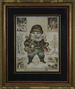 Framed Santa Claus Printed Linen Towel, 19th c.: 19th Century Framed Santa Claus Printed Linen Towel, with Christmas phrases and portrait of St. Nick, "Santa Claus is coming", "All the stockings in the house were hung to be filled by Santa Claus","S