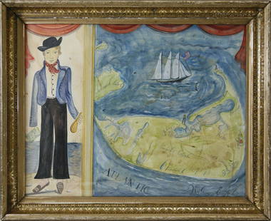 Kolene Spicher Folk Art Map of Nantucket, "The Sailor: Kolene Spicher (American, contemporary) Folk Art Map of Nantucket, "The Sailor From Sconset", Watercolor, signed lower right detailed with pencil, in a 19th century gilt frame. 19.5 in. x 25 in.