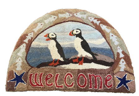 Jill Beckwith Puffin "Welcome" Hooked Rug: Jill Beckwith Puffin "Welcome" Hooked Rug, hand dyed and hand hooked, with McAdoo Rugs label on reverse Height 2 Ft. 4 in. Width 3 Ft. 4 in. Dimensions Height 2 Ft. 4 in. Width 3 Ft. 4