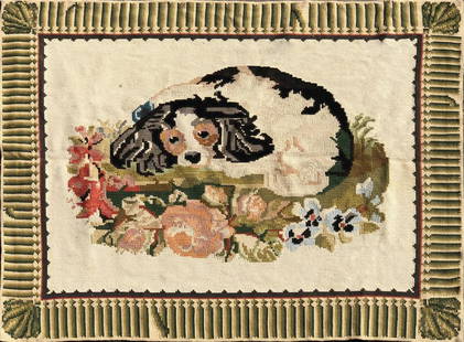 Needlepoint Rug of a Spaniel on a Bed of Flowers: Needlepoint Rug "Spaniel on a Bed of Flowers" 4 Ft. x 4 Ft. 10 in. Dimensions 4 Ft. x 4 Ft. 10 in. Origin 20th Century