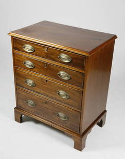 Georgian Diminutive Mahogany Four Drawer Bachelor's: Georgian Diminutive Mahogany Four Drawer Bachelor's Chest, early 19th Century, graduated drawers, molded top, brass post and bale hardware and escutcheons on ogee bracket feet Height 29.5 in. Width