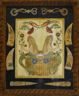 Judith Brinck Watercolor "Mermaid's Paradise", 2007: Judith Brinck (American, contemporary) Folk Art Watercolor, "Mermaid's Paradise", signed lower right Judith Brinck, inscribed on reverse "Mermaid's Paradise," Judith Brinck, 2007. 13.75 in. x 10.75