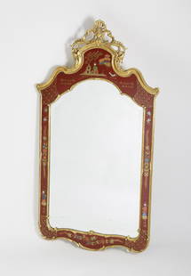 Red Chinese Chinoiserie Mirror: Red Chinese Chinoiserie Mirror, with figural, landscape, and gilt decoration, beveled glass mirror, scallop shell and curtain swag finial. 46.75 in. x 25.75 in. Dimensions 46.75 in. x