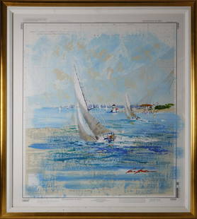 Kerry Hallam Acrylic on Chart, "Sailing Round Brant: Kerry Hallam (British, b. 1937) Acrylic on Chart, "Sailing Round Brant Point", signed lower right Kerry Hallam, in molded gilt frame. 31 in. x 28 in. Overall 35 in. x 31 in. Dimensions 31 in. x 28