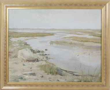 Oil on Canvas "View of The Creeks with Plovers": Oil on Canvas, "View of The Creeks with Plovers", attributed to Pat Gardner, unsigned, in gilt frame. 24 in. x 30 in. Overall 29.5 in. x 35.5 in. Provenance: Estate of Linda Loring, 6 Louisburg