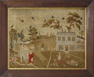 English Needlework Embroidery, "Farmhouse and Family: 19th Century English Needlework Embroidery, "Farmhouse and Family Scene", in a wood and gilt lined frame, no glass. 17 in. x 22 in. Overall 22 in. x 26.5 in. Provenance: Estate of Linda Loring, 6