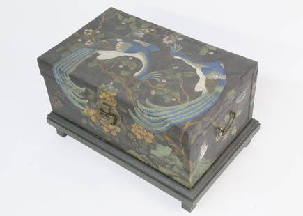 Chinese Decorated and Stitched Leather Trunk, 19th: 19th Century Chinese Decorated and Stitched Leather Trunk, circa 1880, hand painted wraparound scene of Chinese pheasants and birds on tree and foliage. Fitted on a custom stand. Height 13.5 in.