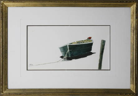 Roy Bailey Watercolor On Paper "Lone Dory": Roy Bailey Watercolor on Paper "Lone Dory", signed lower left Bailey, matted and framed  7.5 in. x 14 in. Overall 15.5 in. 22.5 in. Dimensions 7.5 in. x 14 in. Overall 15.5 in. 22.5 in. O