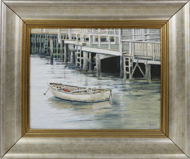 Roy Bailey Oil on Canvas "View of a Dory at North: Roy Bailey (American 1933-2002) Oil on Canvas "View of a Dory at North Wharf", signed lower right Bailey, in molded silver gilt wood frame with liner 7.5 in. x 9.5 in. Overall 12 in. x 13.5 in. Dimen