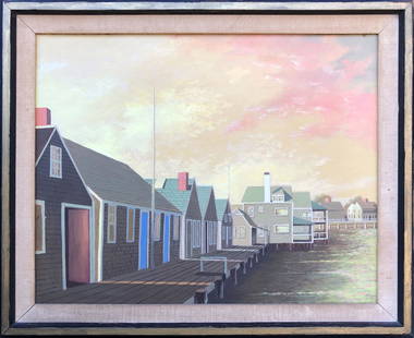 Paul Crosthwaite Oil on Masonite "Old North Wharf": Paul Crosthwaite (American, 1910-1981) Oil on Masonite "Old North Wharf", signed and titled on reverse of frame, molded wood frame with linen liner. 16 in. x 20 in. Overall 20 in. x 24 in. 